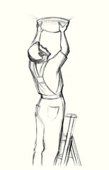 Pencil drawing. Master stretches suspended ceilings