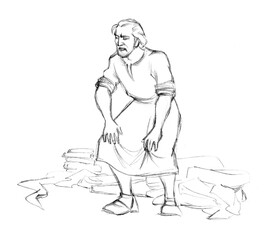 Pencil drawing. A man rests his hands on his knees