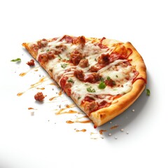 Slice of meet ball  pizza flying isolated on transparent background,A hot pizza slice with dripping melted cheese.