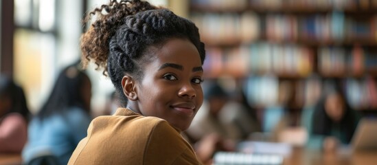 Enthusiastic black woman learning at university, actively participating in class and eager for scholarships, striving for academic growth and success as a college student. - obrazy, fototapety, plakaty