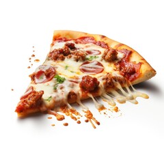 Slice of meet ball  pizza flying isolated on transparent background,A hot pizza slice with dripping melted cheese.