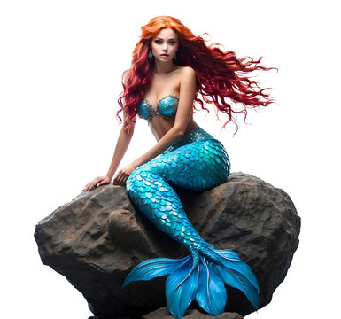Mermaid sitting on a rock isolated on a transparent background. PNG image.