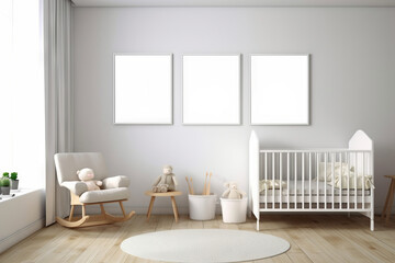 White baby room interior with white crib, rocking chair and mock up posters
