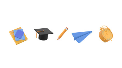 3D university and education set icon. Items for study and work. Book, graduation hat, pencil, paper airplane and alarm clock. Cartoon style transparent isolated on white background. 3D Render