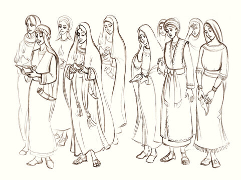 Five wise and five foolish virgins. Pencil drawing