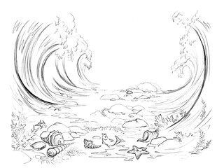 Pencil drawing. Moses leads the people across the sea