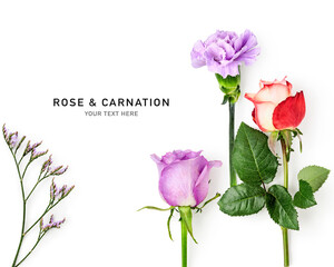 Beautiful carnation rose flower limonium branch isolated on white background.