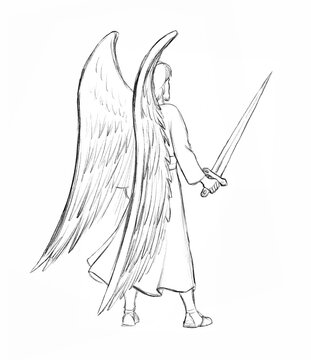 Pencil drawing. Angel with sword on a white background