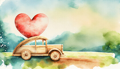 Valentine's day holiday celebration with a wooden toy car and heart shape, watercolor