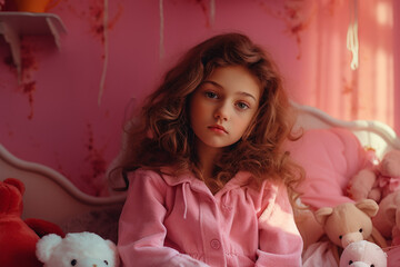 Generative AI Image of Introverted Little Girl Daydreaming Alone in Room with Sad Expression - obrazy, fototapety, plakaty