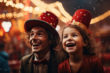 Obraz na płótnie Canvas A girl smiles next to a clown in a top hat against a background of golden bokeh. Concept of circus, fun. Generated by artificial intelligence