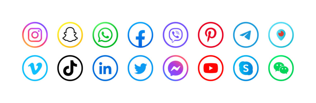 Social media icons set. Instagram, Snapchat, WhatsApp, Facebook, Viber, Pinterest, Telegram, Periscope, Vimeo, TikTok, Linkedin, Twitter X, Messenger, YouTube, Skype, WeChat logos. Vector icons