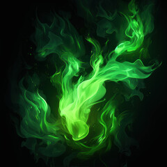 Tongues of green fire on clear black background, green flames and sparks background design