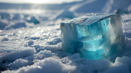 two ice cubes on top of snow covered ground by the ocean - obrazy, fototapety, plakaty