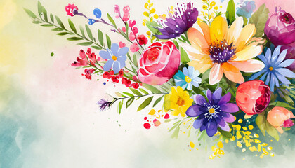 Spring floral composition made of fresh colorful flowers on light pastel background