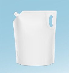 Spout pouch bag mockup for liquid detergent, soap. Vector illustration on blue background. Easy to use for presentation your product, idea, promo, design. EPS10.