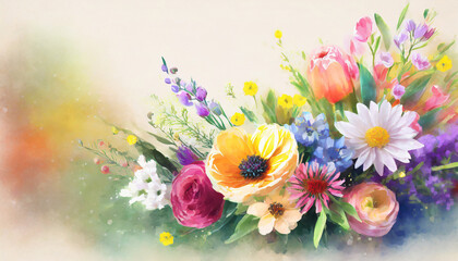 Spring floral composition made of fresh colorful flowers on light pastel background