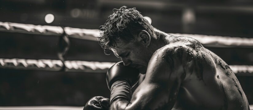 Boxer exhausted in boxing ring after losing match, feeling pain and sadness from failed workout or exhibition.