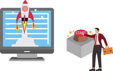 Push Button, Rocketship, Improvement, Taking Off Activity,Businessman