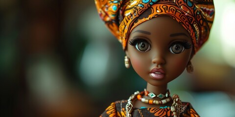 fashion doll with big eyes, showcasing the beauty of African traditional clothing - obrazy, fototapety, plakaty