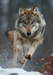 - A wolf in mid-leap, frozen in time, displaying its agility and power.