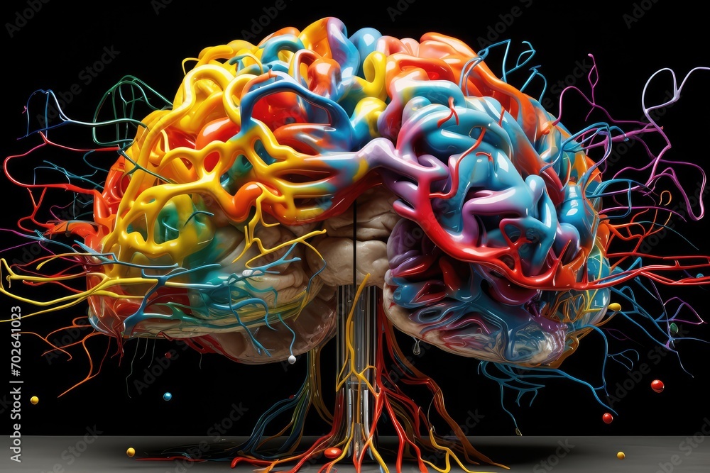 Poster vibrant colorful brain, neurons create a vivid tapestry of synapses, memory and neurotransmitters in
