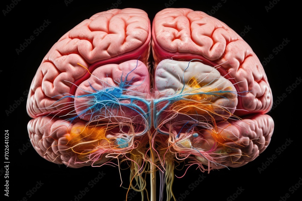 Poster vibrant colorful brain, neurons create a vivid tapestry of synapses, memory and neurotransmitters in