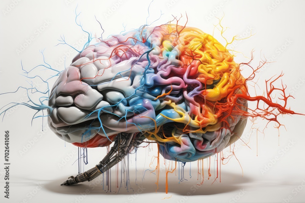 Poster vibrant colorful brain, neurons create a vivid tapestry of synapses, memory and neurotransmitters in
