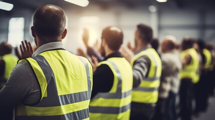a group of workers raising their hands - obrazy, fototapety, plakaty