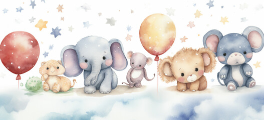 watercolor illustration cute baby animals on cloud with balloons and stars