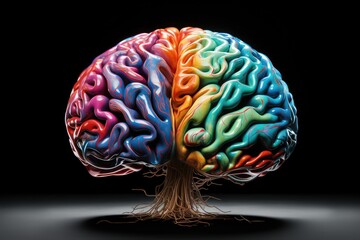 Vibrant colorful brain, Neurons create a vivid tapestry of synapses, memory and neurotransmitters in cortex, cognitive functions and neuroplasticity, intelligence, gray matter, hippocampus, mindset - obrazy, fototapety, plakaty