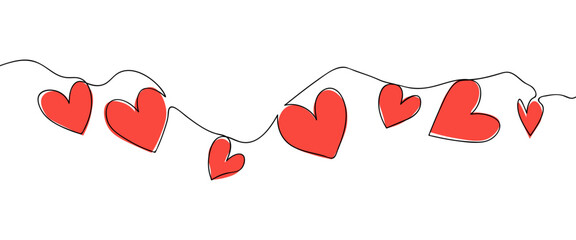 Hearts line art continuous one line drawing. Red hearts holiday card. Linear style. Valentine's Day, wedding, love, couple symbol icon. Romantic symbol. Doodle. Vector illustration.