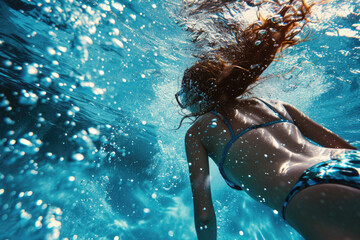 a beautiful woman in swimsuit swimming under water in a pool - obrazy, fototapety, plakaty