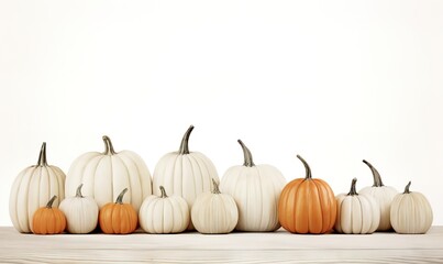 photo of row of pumpkins on white background. generative AI