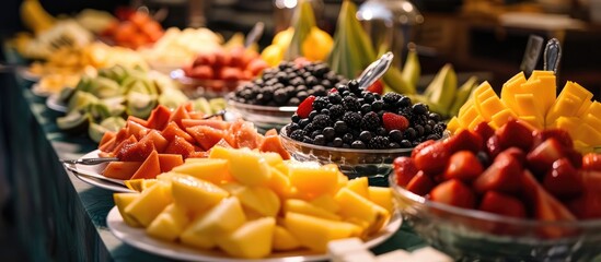 Providing catering for a wedding, including a banquet table with a sweet fruit bar and modern sweet table, showcasing delicious fruit appetizers and desserts. - obrazy, fototapety, plakaty