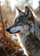 Naklejka na ściany i meble - A wolf's fur, dappled with sunlight, casting captivating shadows and highlights.