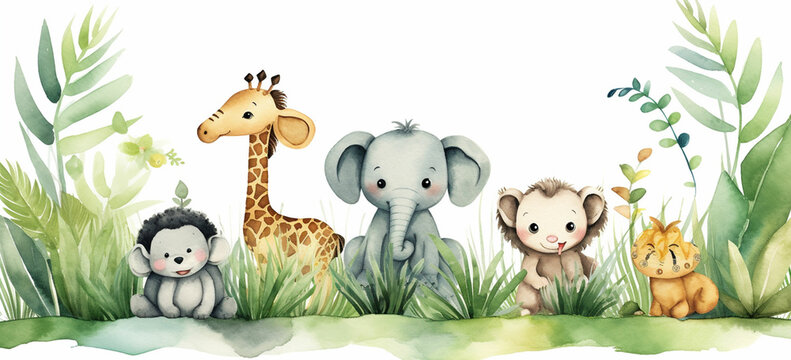 watercolor illustration cute baby safari animals sit on green grass and tropical leaves