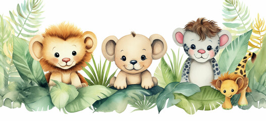 watercolor illustration cute baby safari animals sit on green grass and tropical leaves - obrazy, fototapety, plakaty