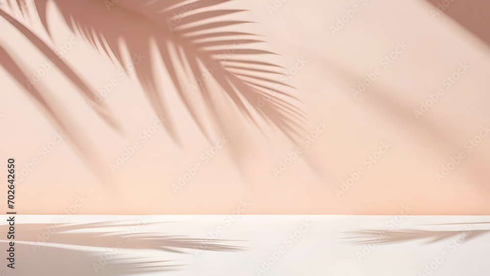 Poster blurred shadow from palm leaves on the light pink wall. minimal abstract background for product pres