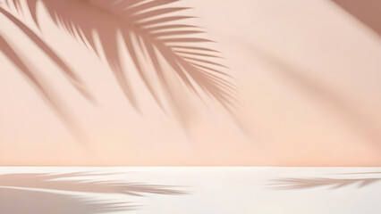 Blurred shadow from palm leaves on the light pink wall. Minimal abstract background for product presentation. Spring and summer. - obrazy, fototapety, plakaty