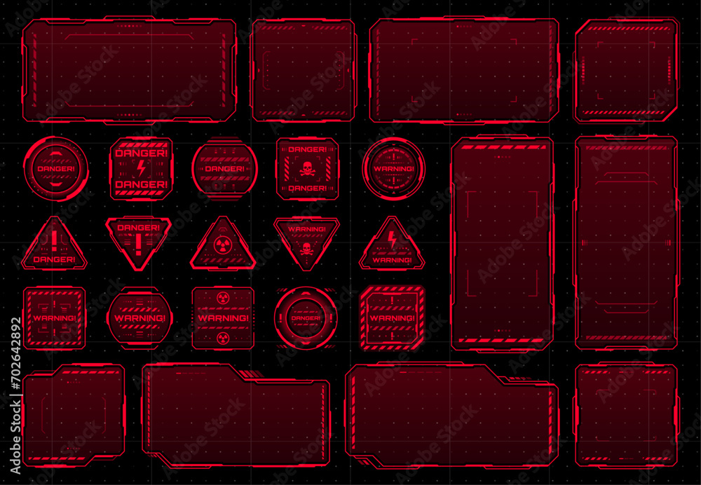 Leinwandbilder HUD red warning frames, futuristic game screen borders and danger signs, vector UI interface. HUD futuristic cyber technology warning frames for dashboard screen, caution or hazard danger message box
