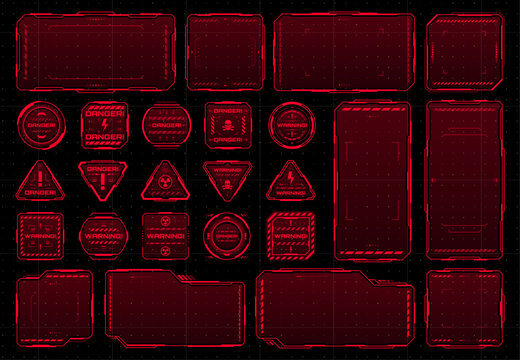 HUD red warning frames, futuristic game screen borders and danger signs, vector UI interface. HUD futuristic cyber technology warning frames for dashboard screen, caution or hazard danger message box