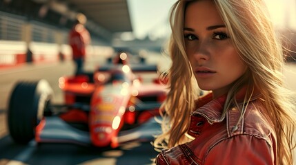 A beautiful model on the F1 racing track