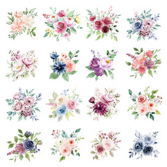 Watercolor flowers hand drawn, floral vintage bouquets with roses and peonies. Decoration for poster, greeting card, birthday, wedding design. Isolated on white background.