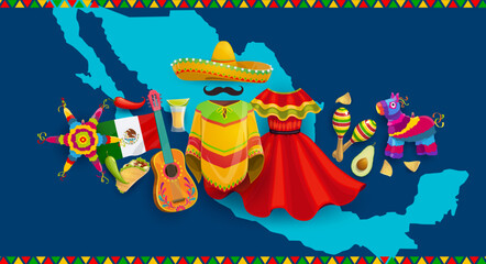 Mexico map with national flag, cuisine meals, musical instruments and plants. Mexican culture attributes, Latin America country travel vector background with Mexico ethnic clothing, pinata and food