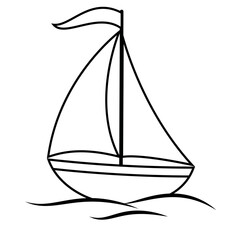 one sailboat on the water - black and white cartoon vector illustration, isolated on white