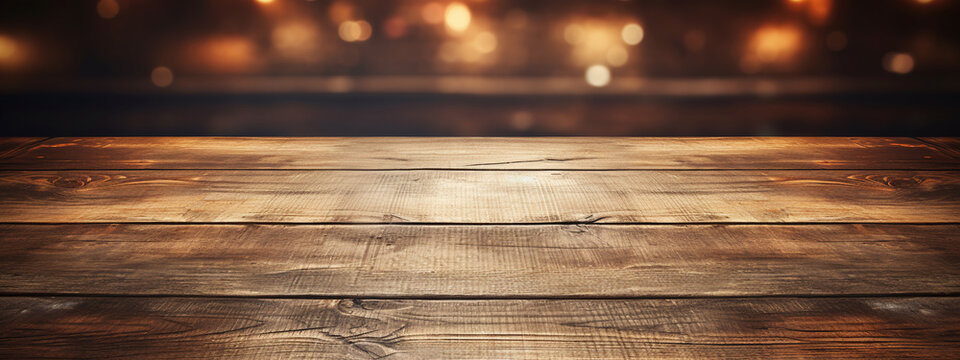 rustic wooden tabletop product display placement mockup surface with a bokeh light background, conveying a cozy, inviting atmosphere