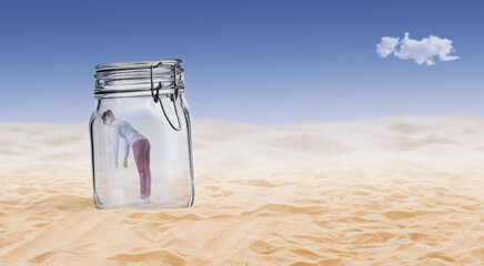 Desperate woman trapped inside a jar in the desert