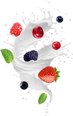Milk, yogurt or cream tornado vortex splash with wild berries. Realistic drink twist wave. Isolated 3d vector white dairy liquid with raspberry, cherry, strawberry, blueberry or blackberry with leaves