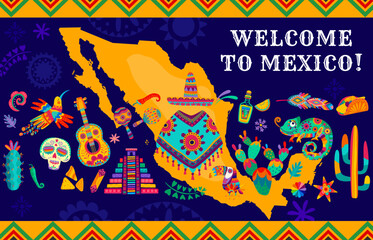 Mexico map with national cuisine, animals, plants and musical instruments. Latin America discovery travel, Mexico trip adventure vector banner with pyramid, cactus, birds and Mexican ethnic clothing